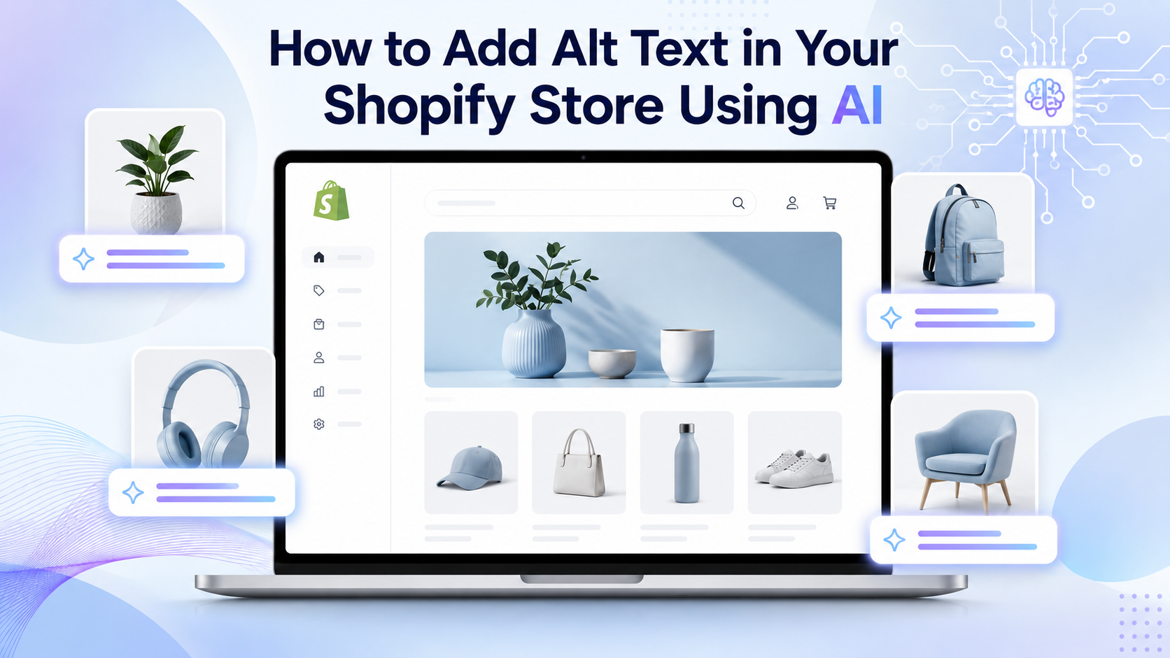How to Add Alt Text in Your Shopify Store Using AI - blog header showing a Shopify storefront on a laptop with AI-generated alt text labels on product images