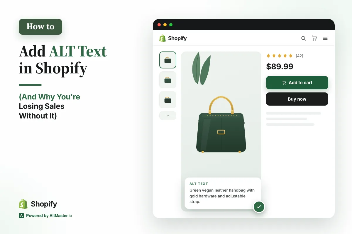 Infographic: ALT text makes your Shopify products visible to AI search, showing a storefront and AI tools reading the image's text