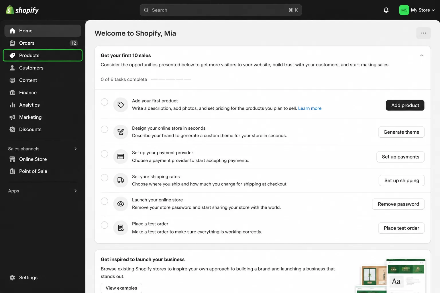 Shopify admin products page showing product list with the Add product button highlighted