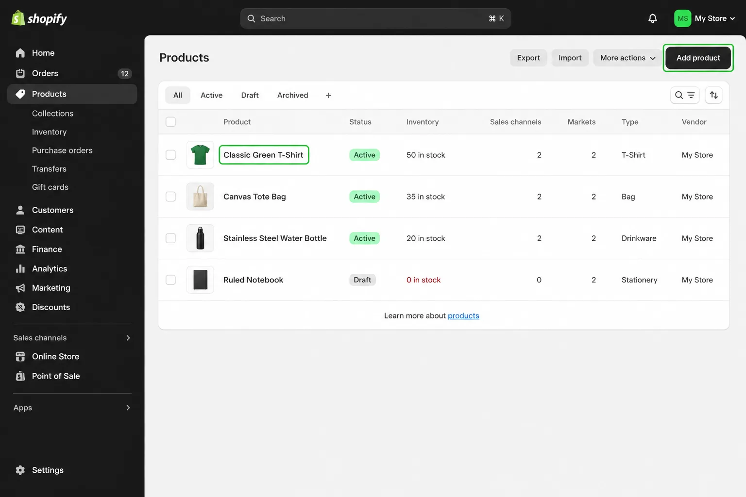 Shopify product edit page for Classic Green T-Shirt showing Media section with uploaded images