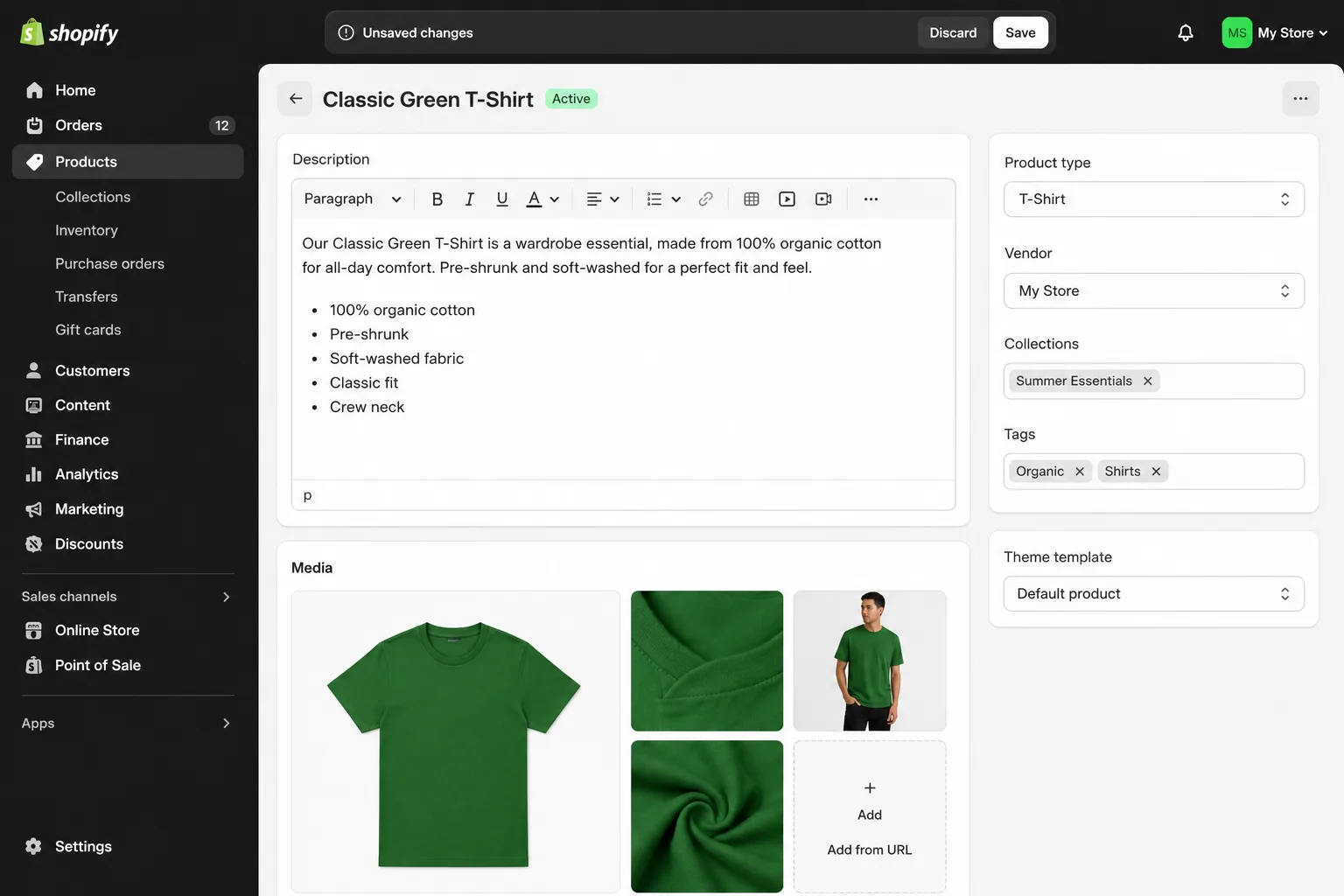 Shopify product page Media section showing the Add button to upload additional product images
