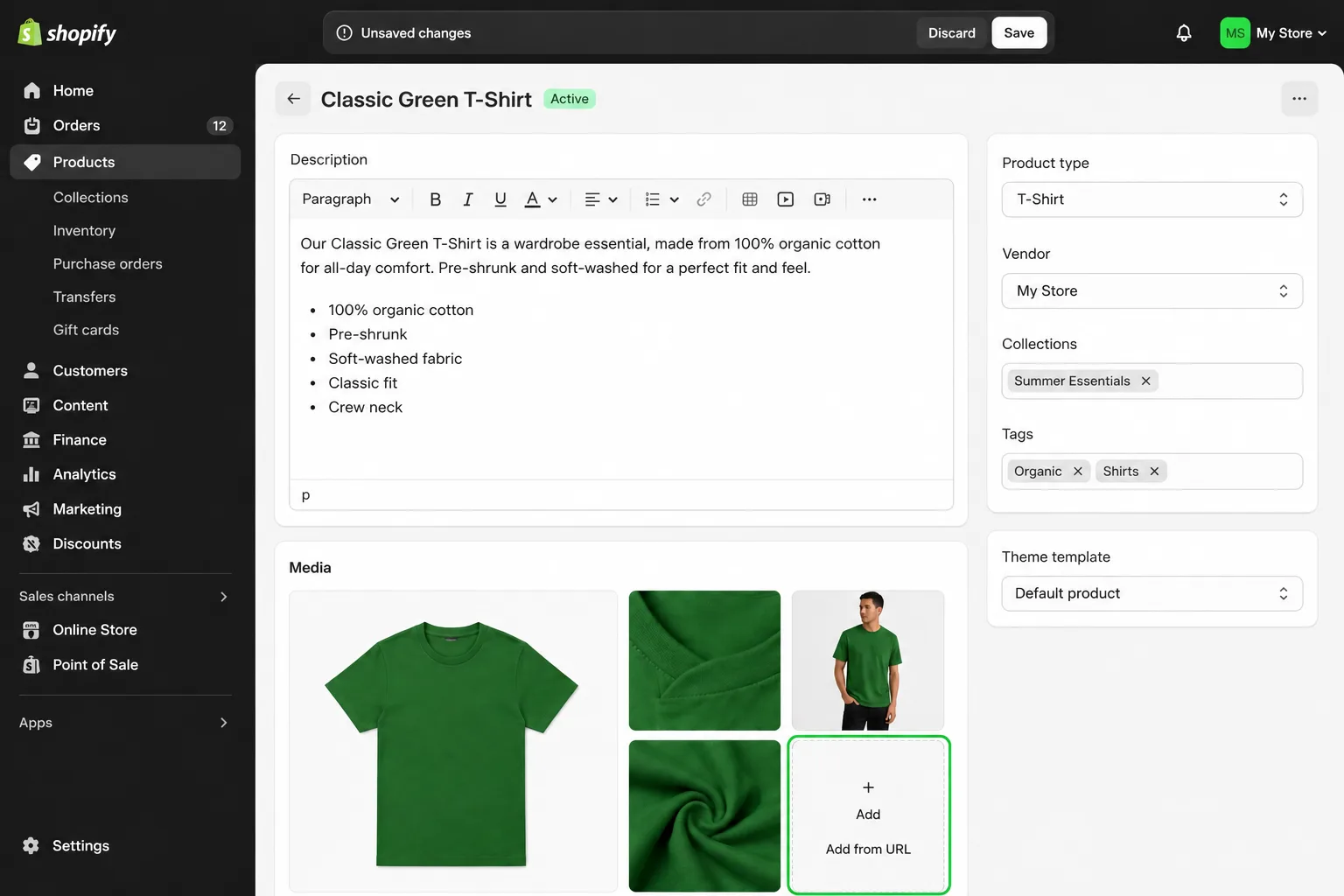 Shopify product page Media section showing Add and Add from URL options to upload product images