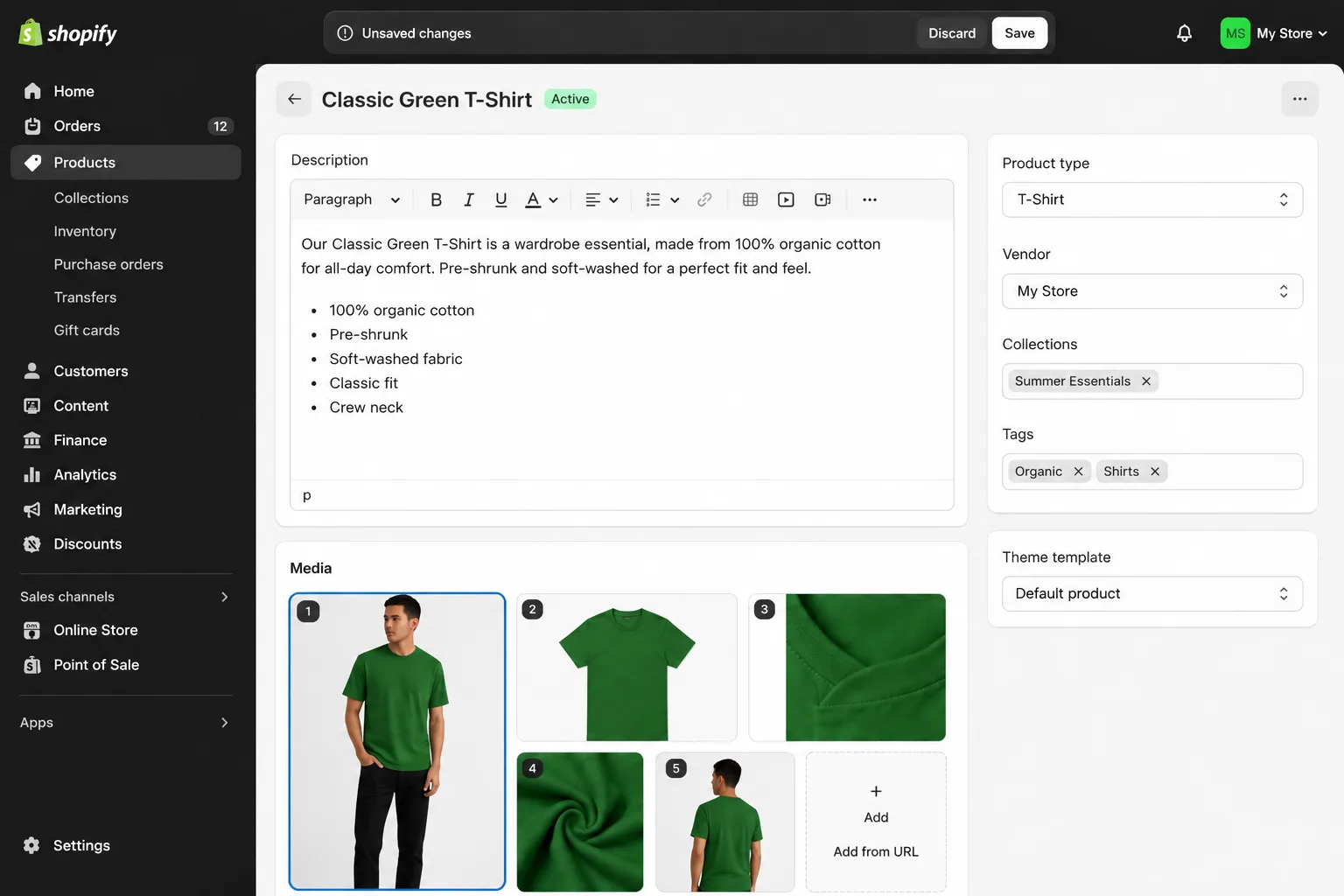 Shopify product page Media section showing five numbered product images after uploading, with the first image selected as featured