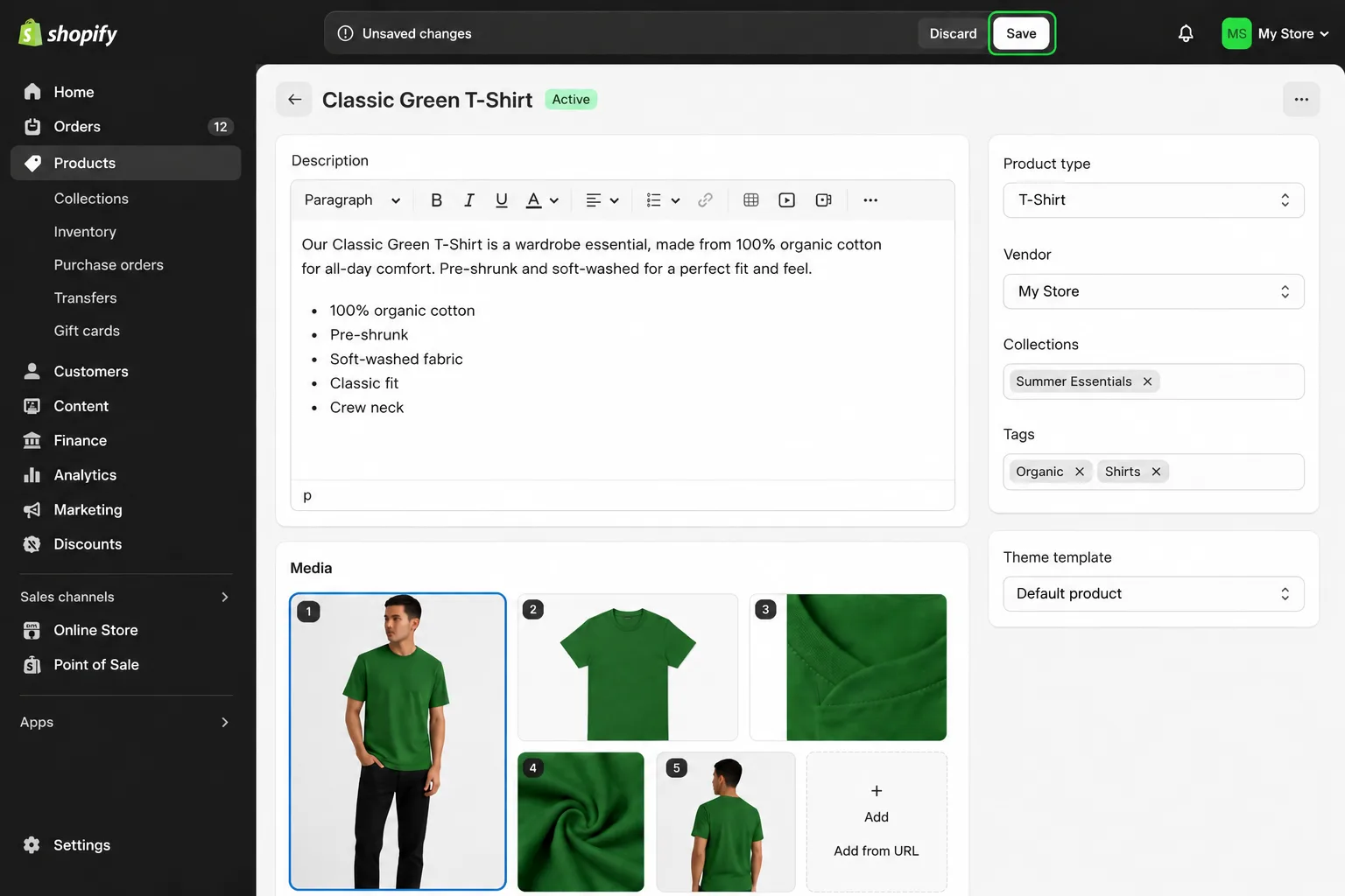 Shopify product edit page with Save button highlighted to save uploaded product images