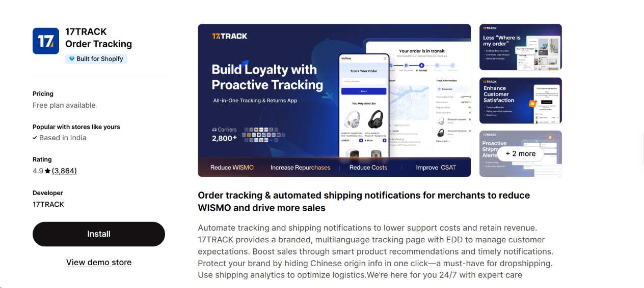 Shopify app listing for 17TRACK featuring branded order tracking, shipment notifications, delivery updates, and tracking analytics for Shopify stores.