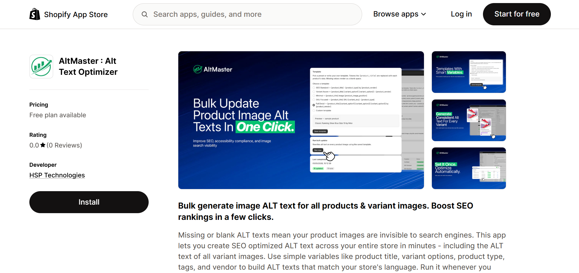 AltMaster Alt Text Optimizer Shopify app listing with free plan by HSP Technologies