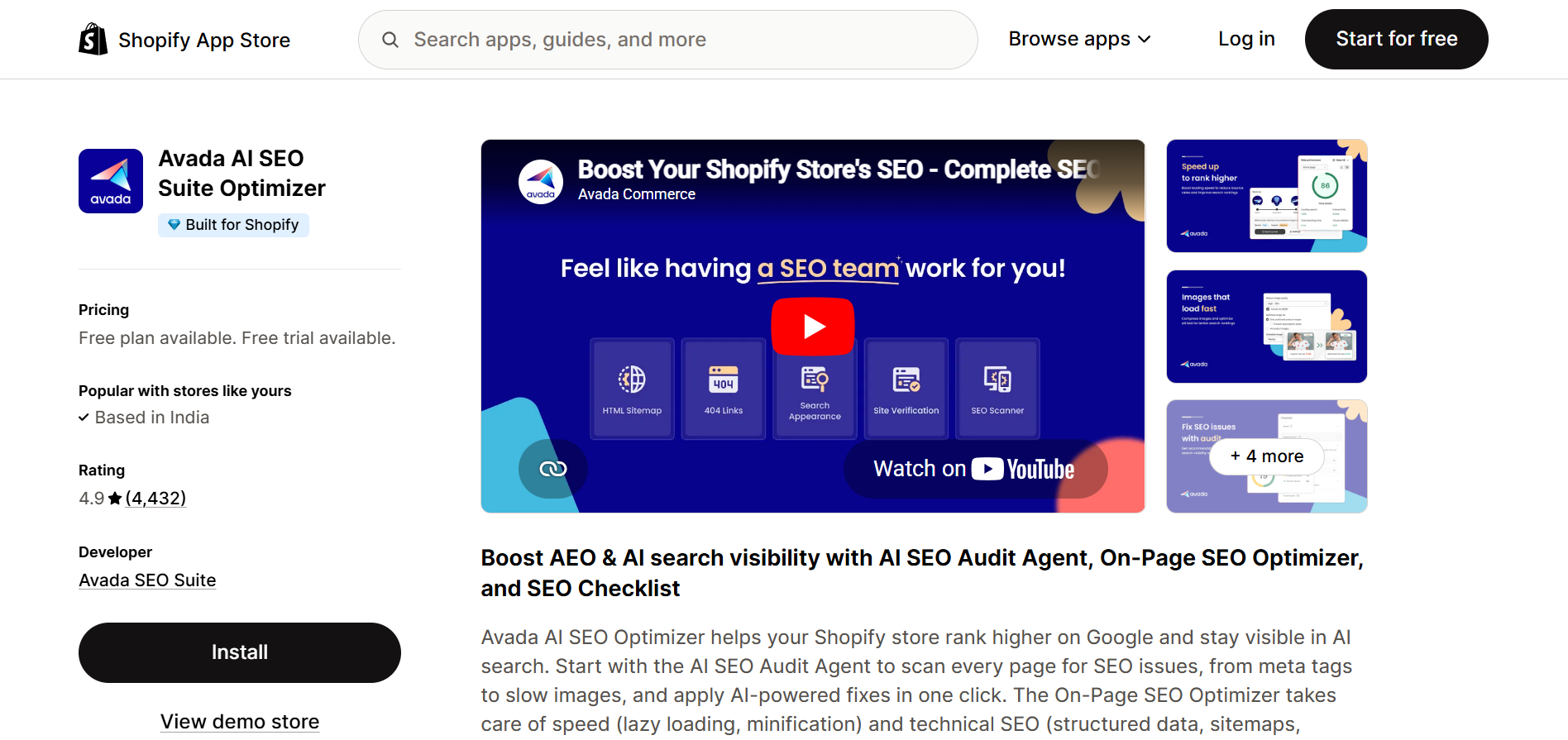 Avada AI SEO Suite Optimizer Shopify app listing with 4.9 star rating and 4432 reviews by Avada SEO Suite
