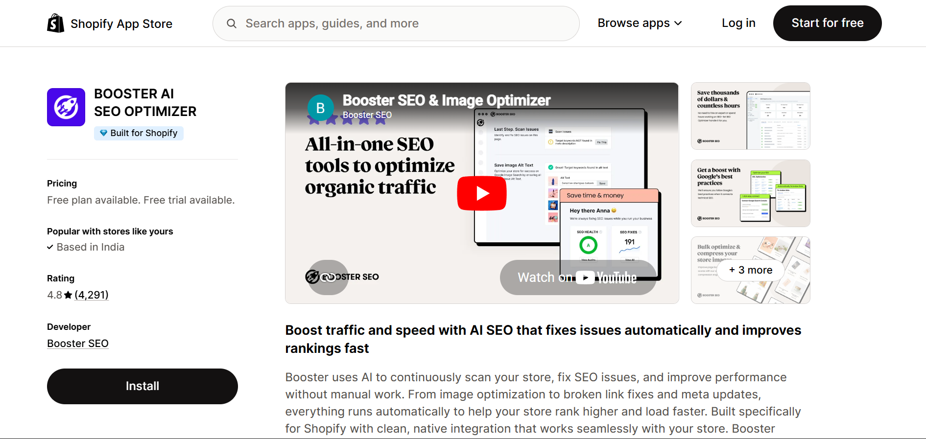 Booster AI SEO Optimizer Shopify app listing with 4.8 star rating and 4291 reviews by Booster SEO
