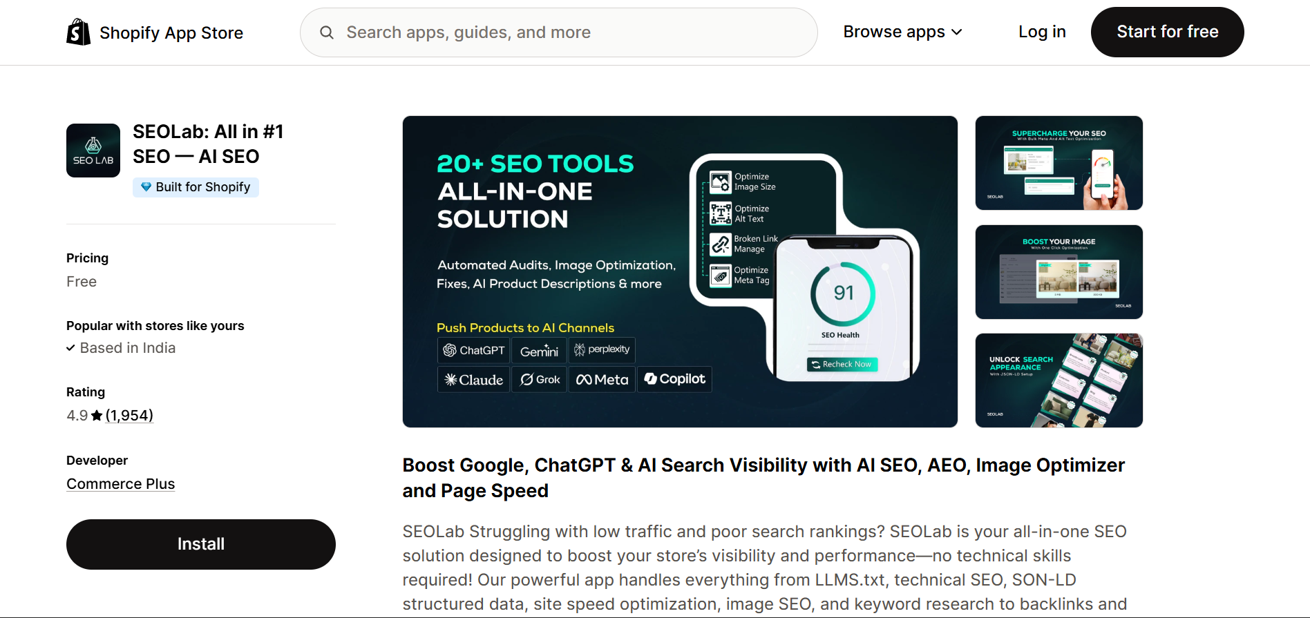 SEOLab All in One AI SEO Shopify app listing with 4.9 star rating and 1954 reviews by Commerce Plus