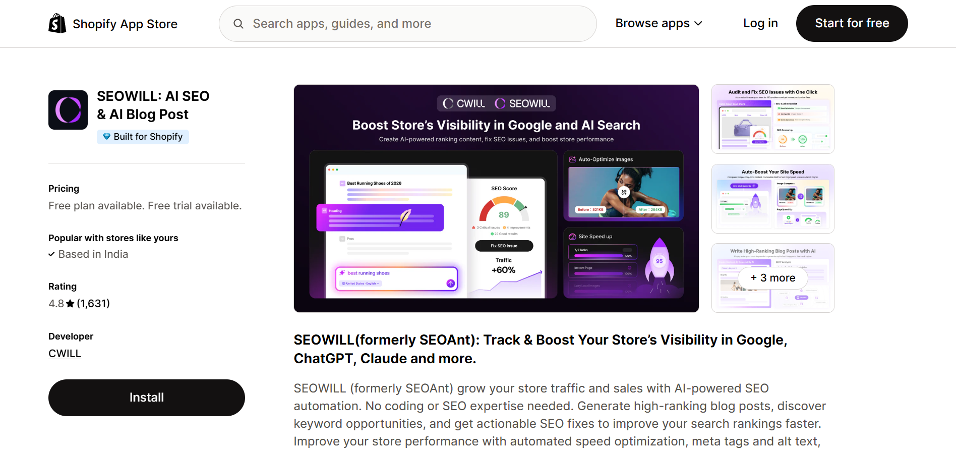 SEOWILL AI SEO and AI Blog Post Shopify app listing with 4.8 star rating and 1631 reviews by CWILL