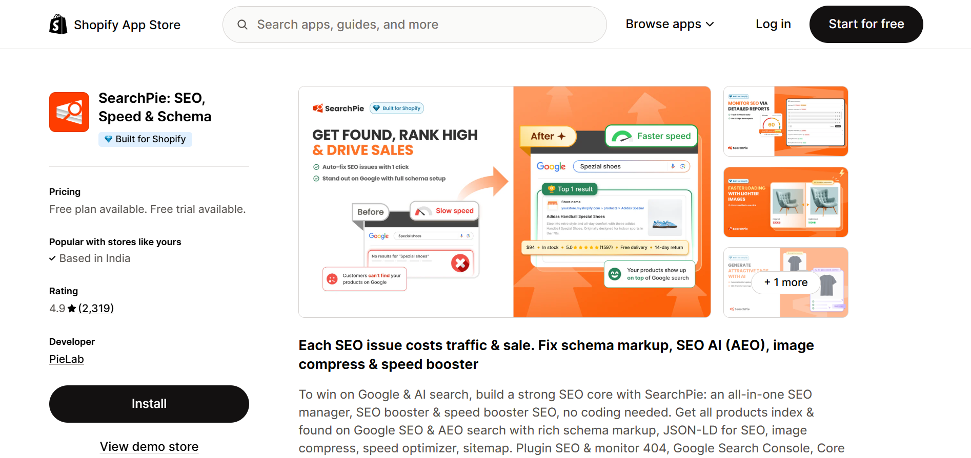 SearchPie SEO Speed and Schema Shopify app listing with 4.9 star rating and 2319 reviews by PieLab
