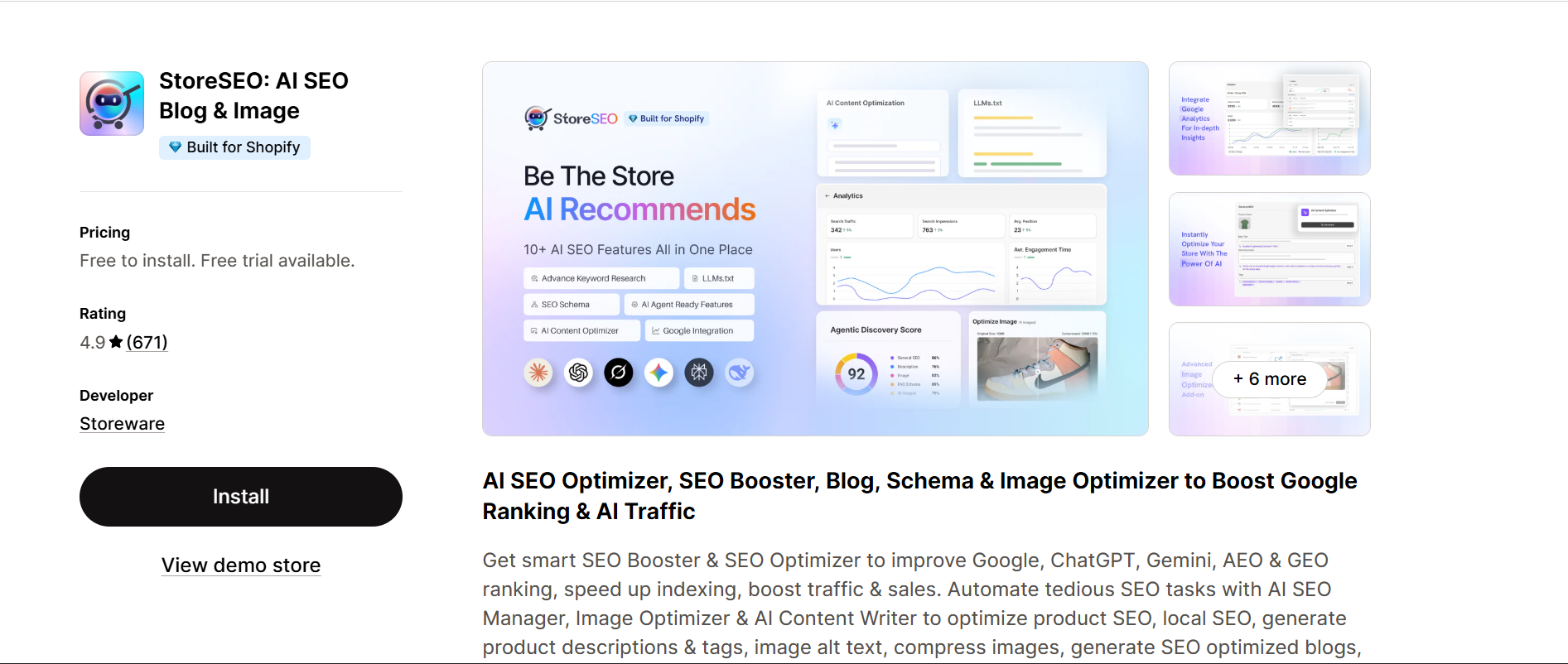 StoreSEO AI SEO Blog and Image Shopify app listing with 4.9 star rating and 671 reviews by Storeware