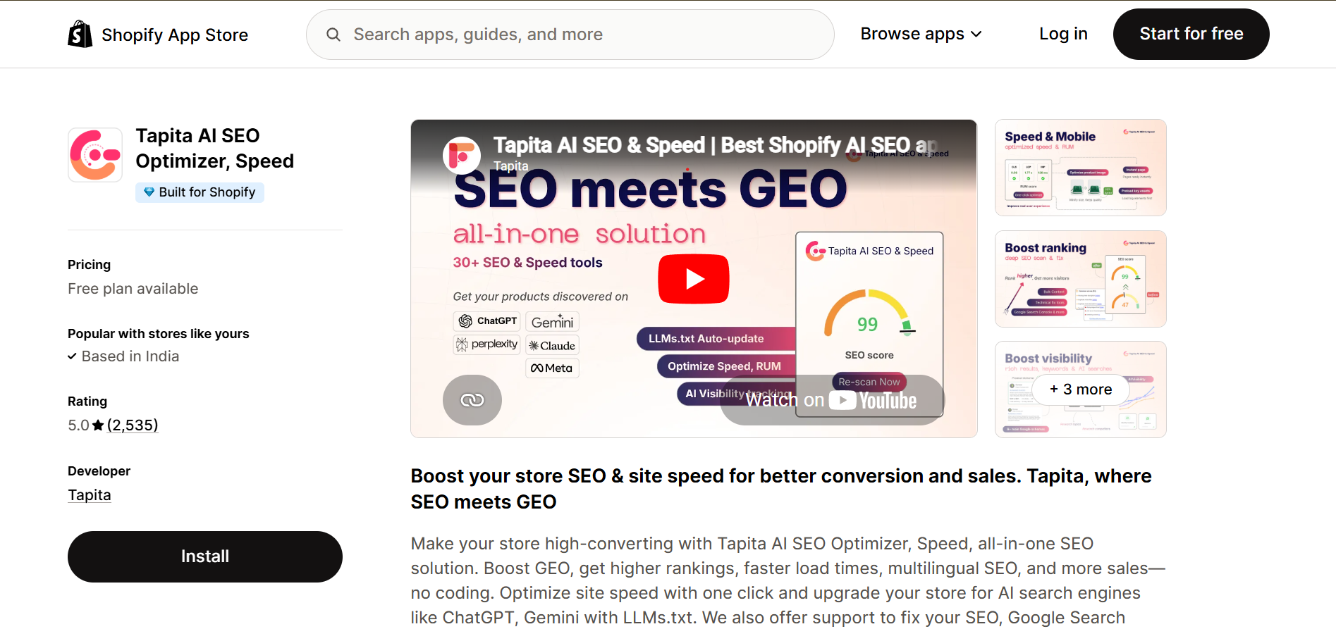 Tapita AI SEO Optimizer Speed Shopify app listing with 5.0 star rating and 2535 reviews by Tapita