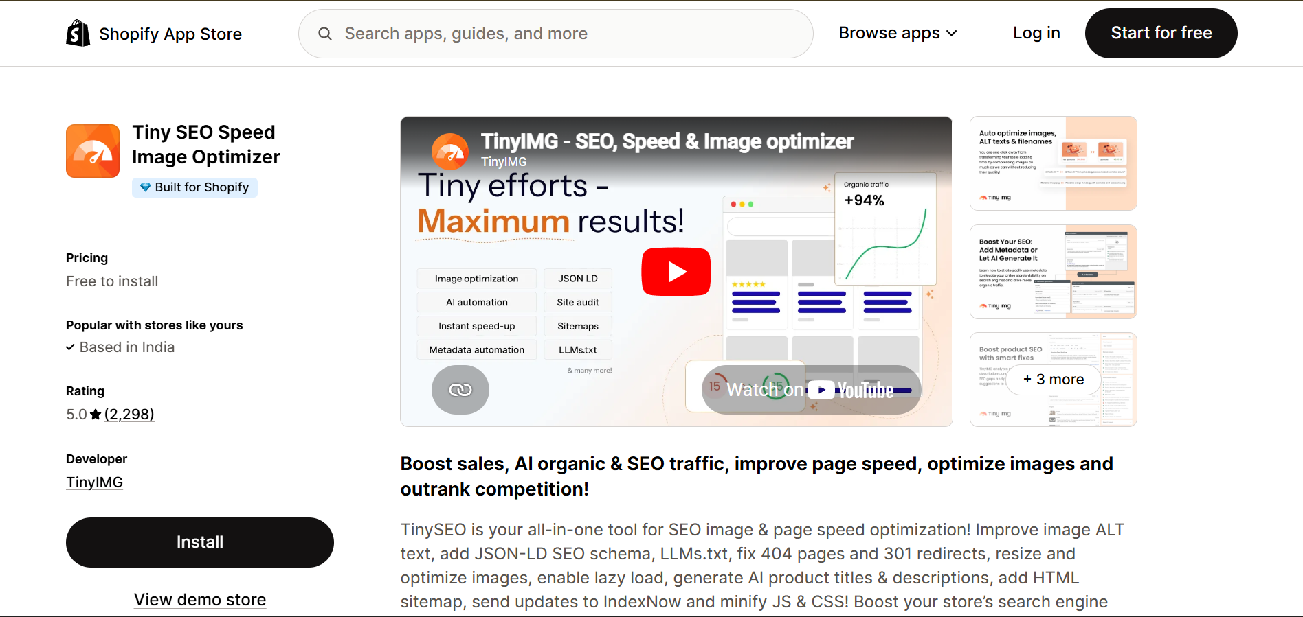 Tiny SEO Speed Image Optimizer Shopify app listing with 5.0 star rating and 2298 reviews by TinyIMG