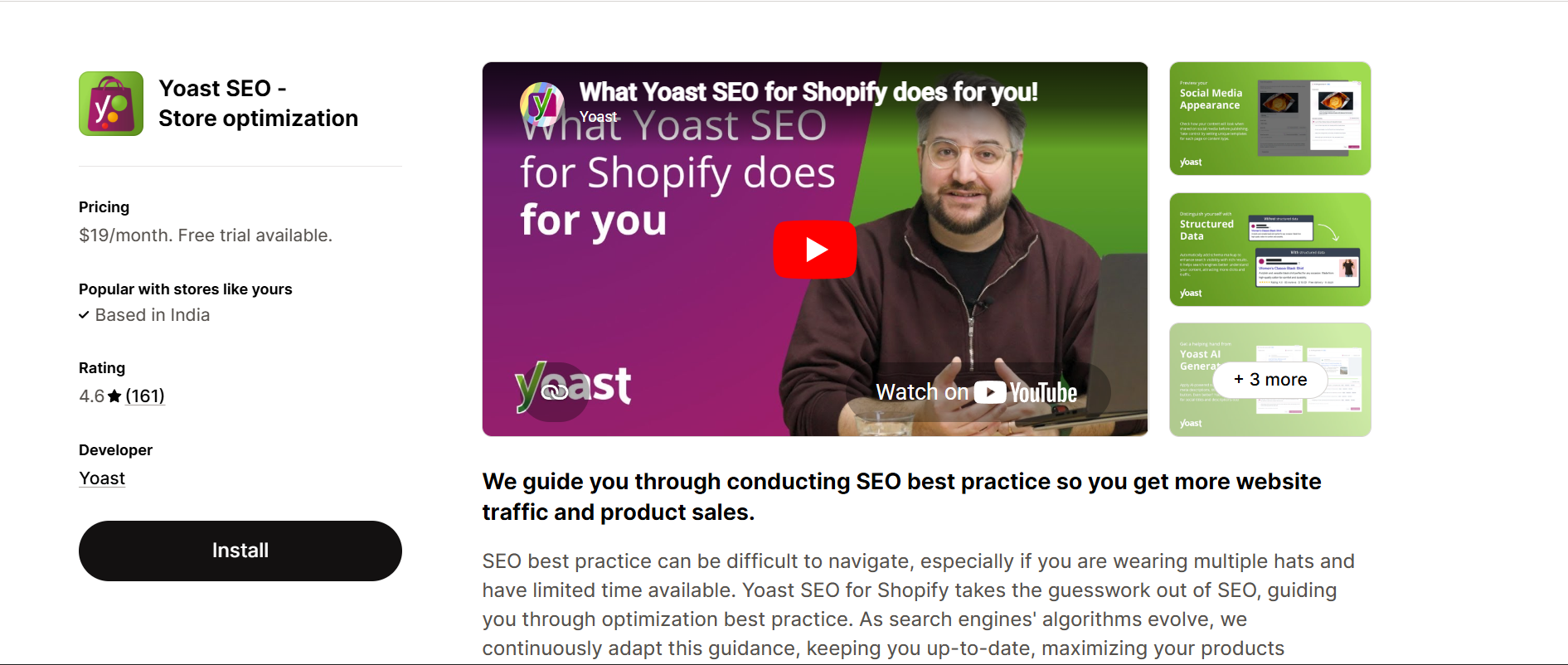 Yoast SEO Store Optimization Shopify app listing with 4.6 star rating and 161 reviews priced at 19 dollars per month