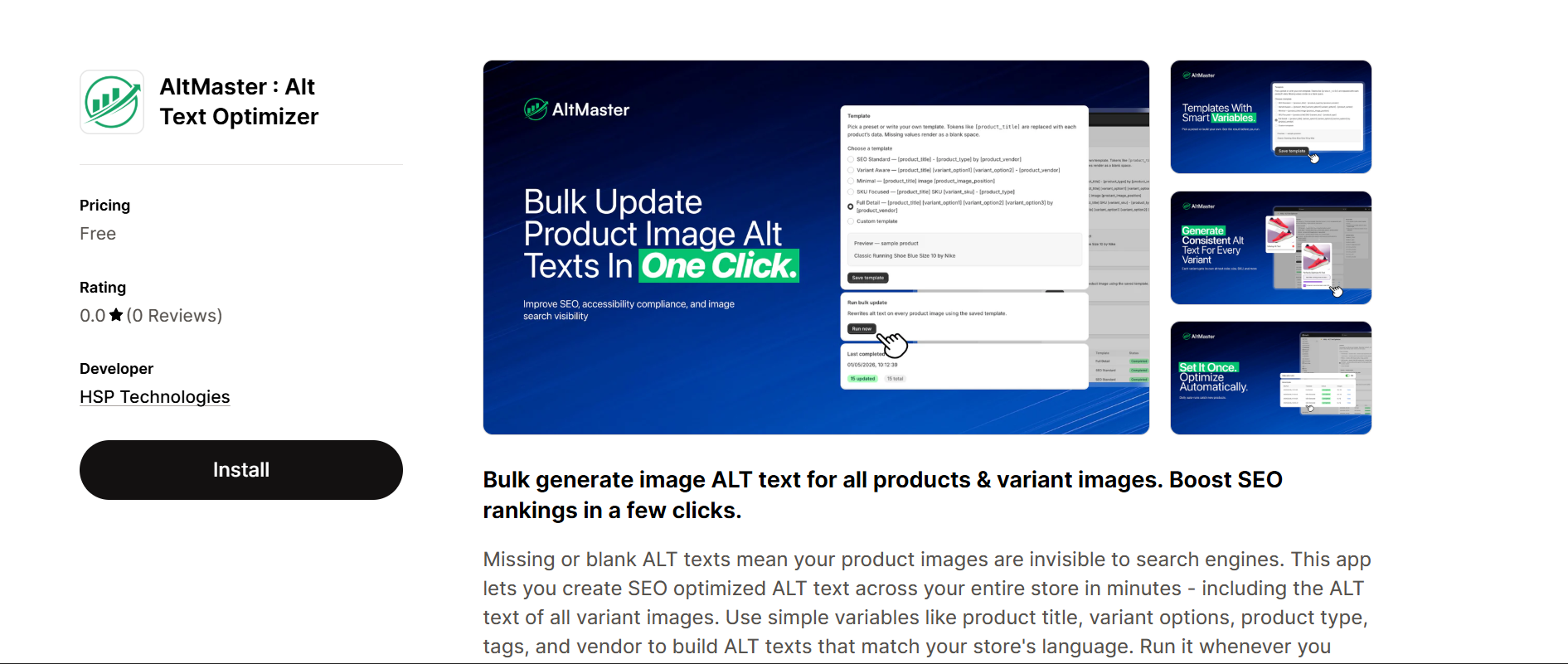 AltMaster Alt Text Optimizer Shopify app – bulk update product image alt texts in one click, free plan available, by HSP Technologies
