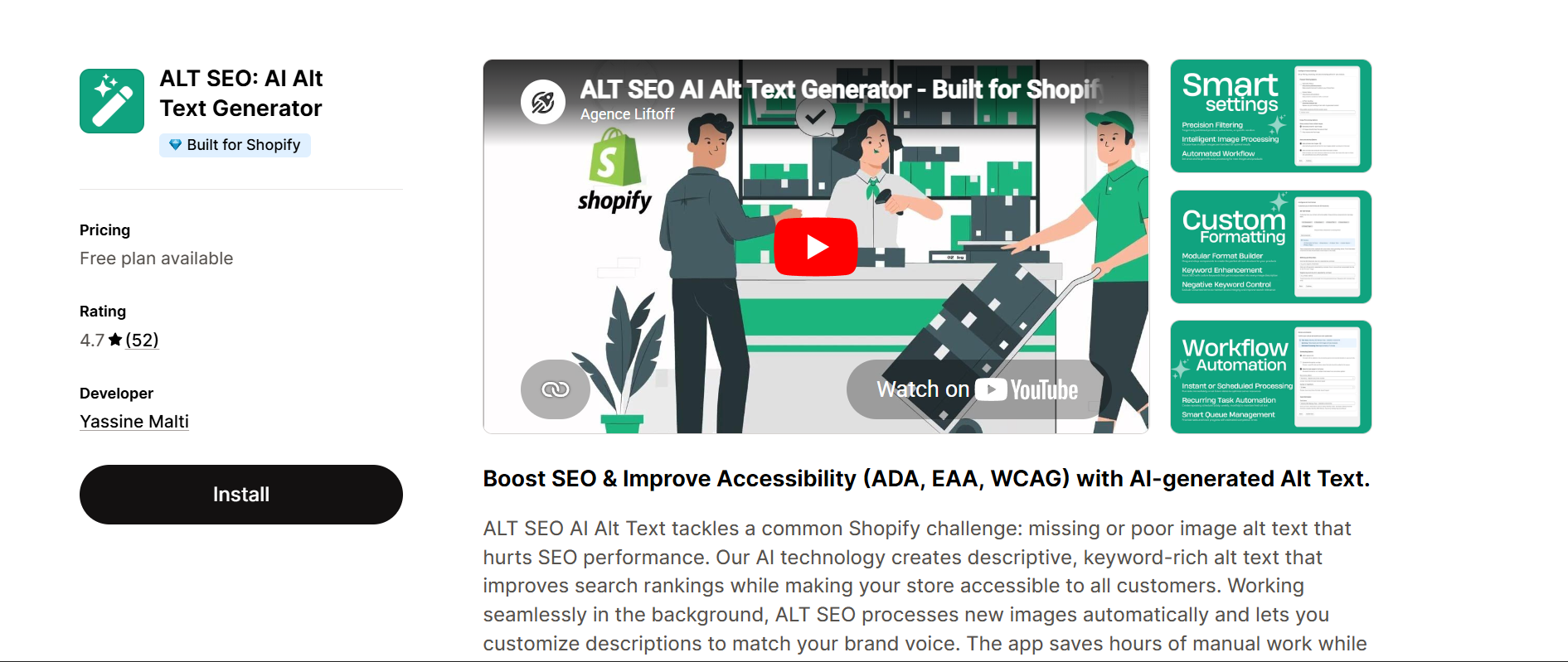ALT SEO AI Alt Text Generator Shopify app – AI-powered alt text for ADA, EAA, and WCAG accessibility compliance, free plan available, by Yassine Malti