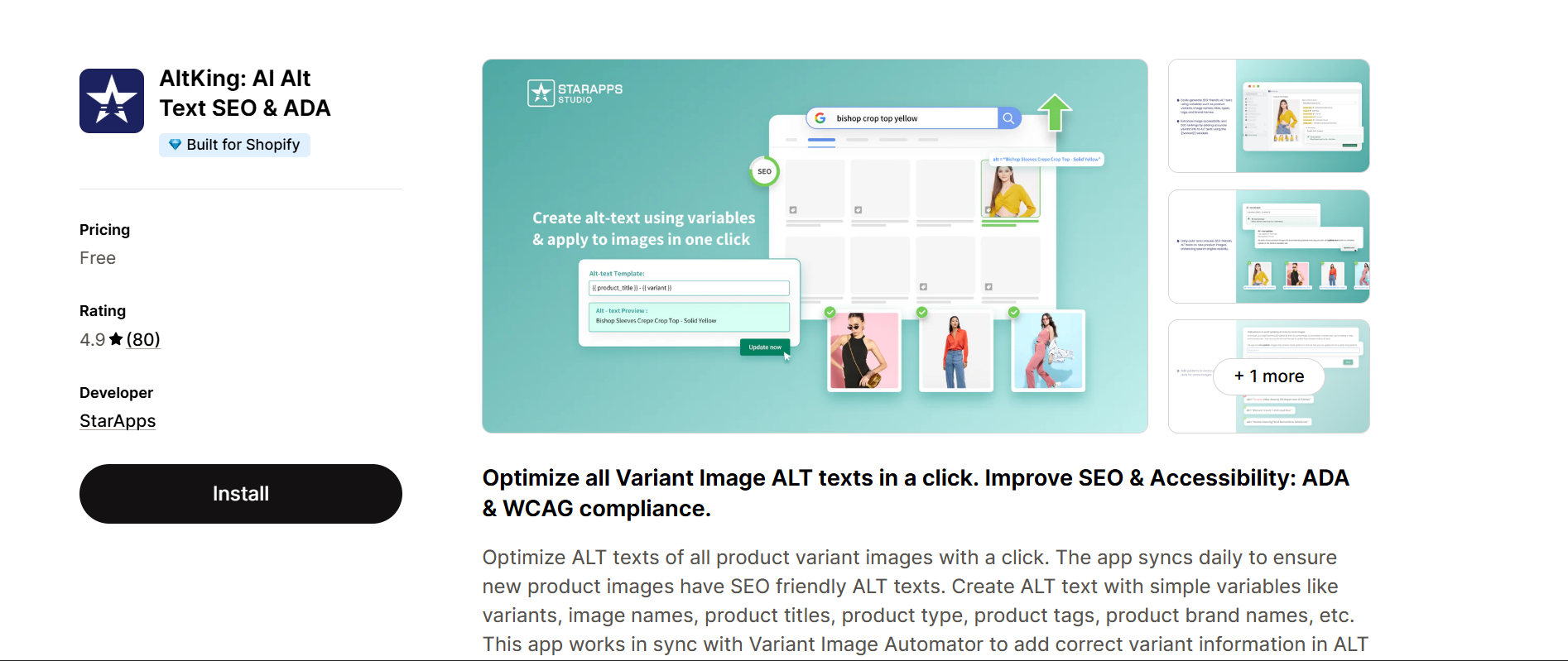 AltKing AI Alt Text SEO and ADA Shopify app – optimize variant image alt texts using variable templates in one click for ADA and WCAG compliance, free, by StarApps