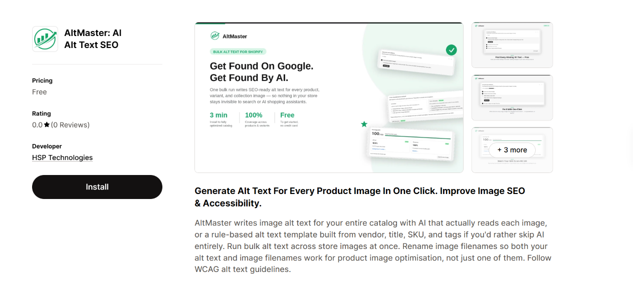 AI Alt Text SEO: Shopify app listing for AltMaster showing AI-powered bulk alt text generation and image SEO tools for Shopify product images.