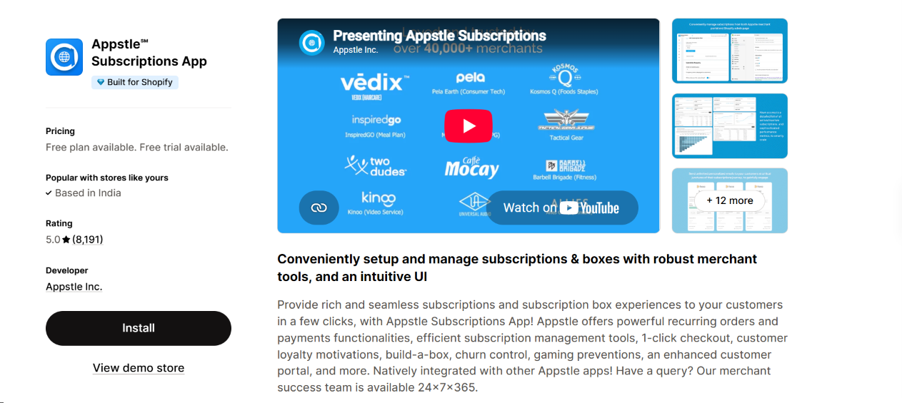 Shopify app listing for Appstle Subscriptions showcasing subscription management, recurring orders, subscription boxes, customer portals, and recurring payment tools.