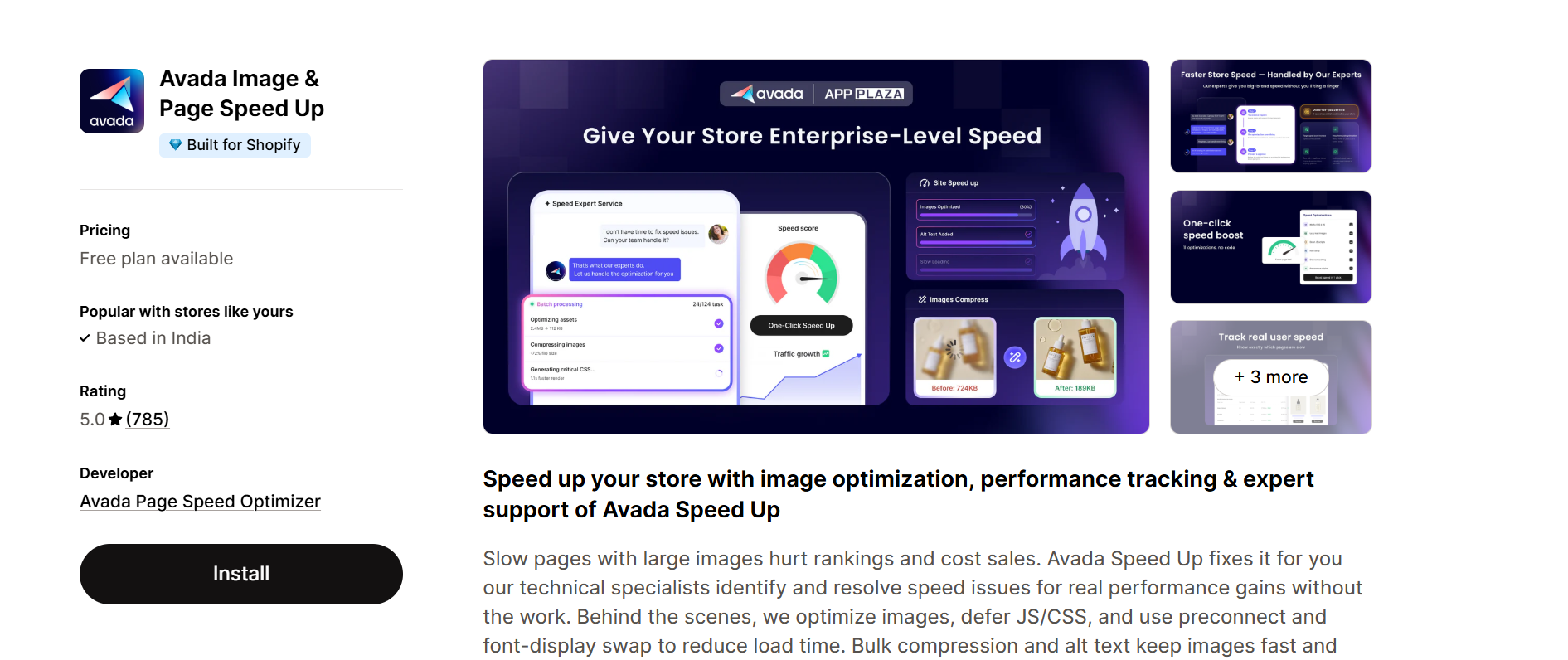 Avada Image and Page Speed Up Shopify app – one-click speed boost with image compression and alt text generation, free plan available