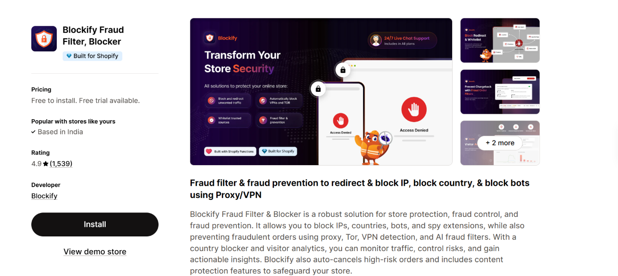 Shopify app listing for Blockify displaying store security features for blocking fraudulent traffic, bots, suspicious IPs, VPNs, and unwanted visitors.