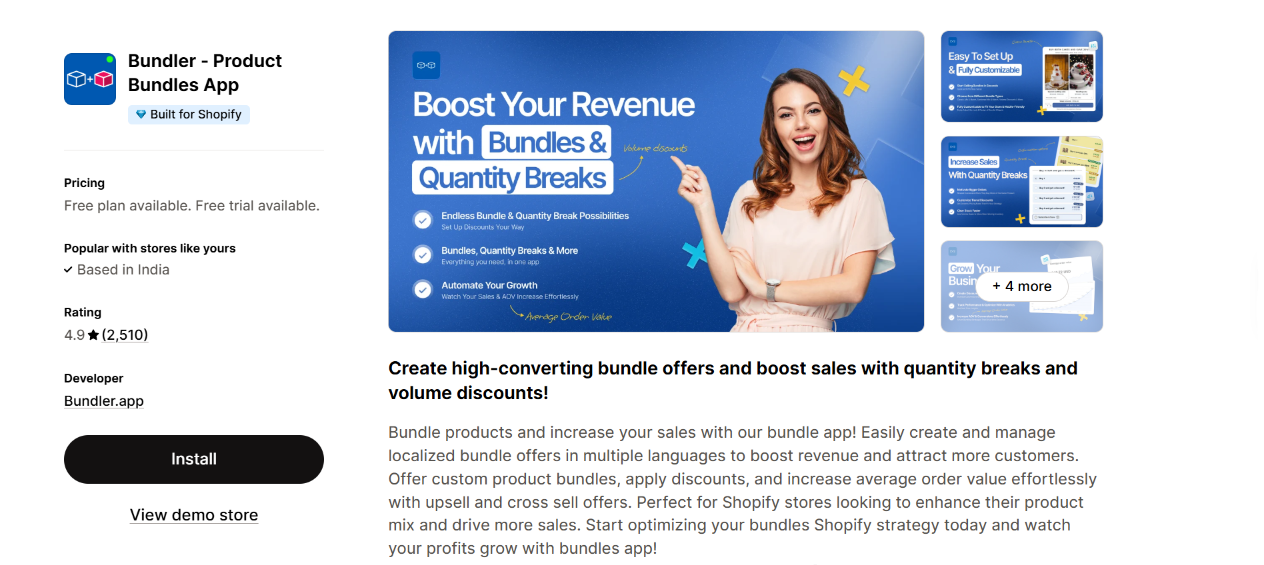 Shopify app listing for Bundler showcasing product bundles, quantity breaks, volume discounts, and promotional offers designed to increase sales.