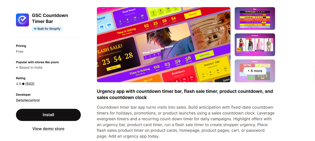 Shopify app listing for GSC Countdown Timer Bar showing countdown timers, flash sale banners, product countdowns, and urgency-focused sales promotions.