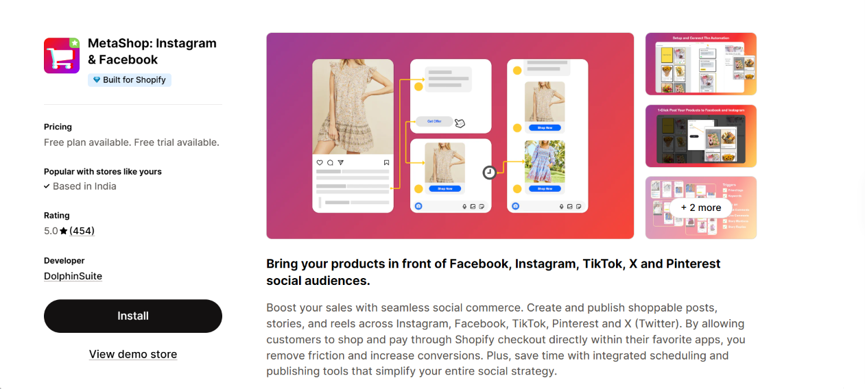 Shopify app listing for MetaShop showing products promoted through Instagram, Facebook, TikTok, X, and Pinterest with shoppable social media content.