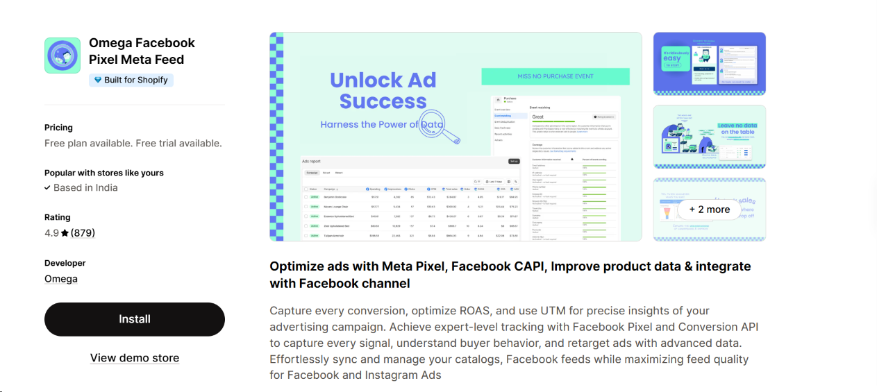 Shopify app listing for Omega featuring Meta Pixel, Facebook Conversion API, product feeds, ad tracking, and analytics for Facebook and Instagram advertising.