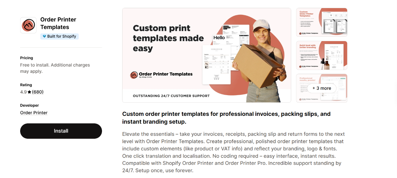 Shopify app listing for Order Printer Templates showcasing customizable templates for invoices, packing slips, receipts, and branded order documents.