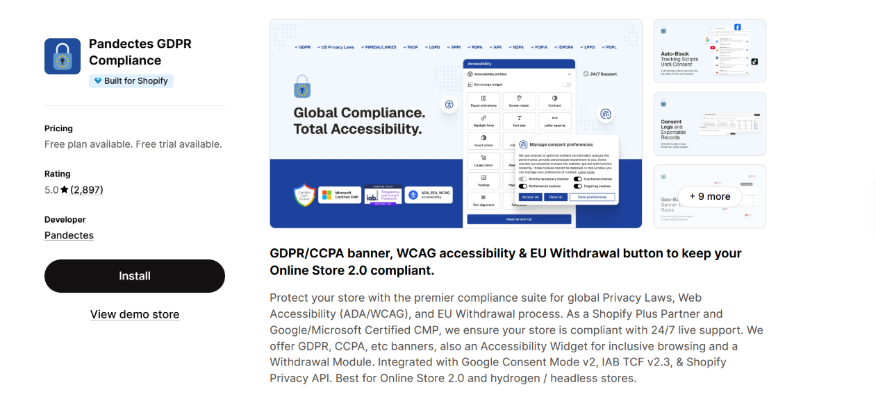 Shopify app listing for Pandectes featuring GDPR and CCPA compliance, accessibility tools, consent management, and privacy protection features.