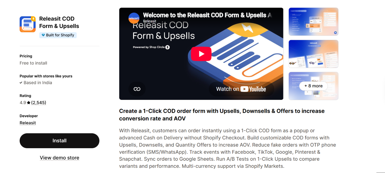Shopify app listing for Releasit COD Form & Upsells featuring a one-click cash-on-delivery order form with upsells, downsells, and quantity offers.
