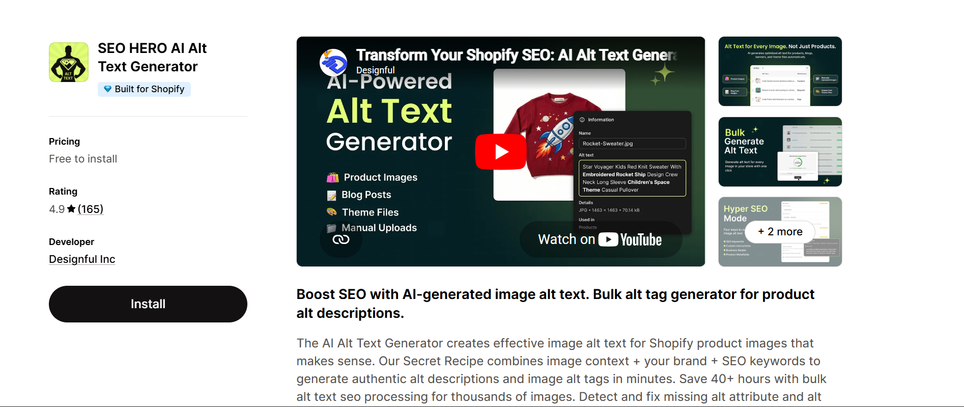 SEO HERO AI Alt Text Generator Shopify app – bulk AI-generated alt text for product images, blog posts, theme files, and manual uploads, free to install, by Designful Inc