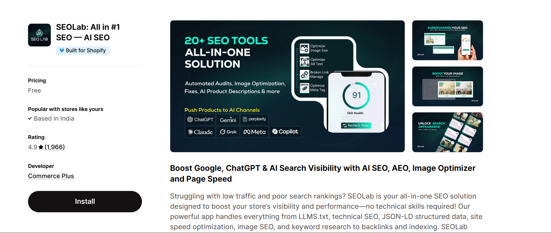 SEOLab All-in-One AI SEO Shopify app – 20+ SEO tools including alt text optimization, image SEO, and AI search visibility for ChatGPT and Google, free