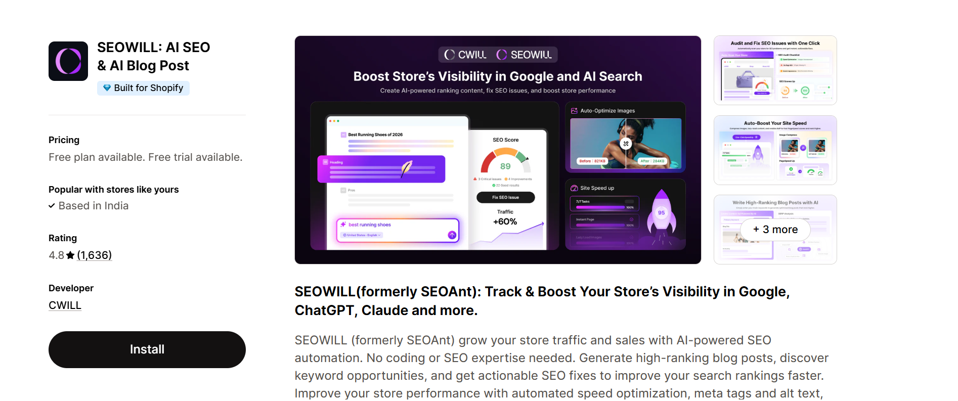 SEOWILL AI SEO and AI Blog Post Shopify app – boost store visibility in Google and AI search with automated SEO fixes and blog content, by CWILL