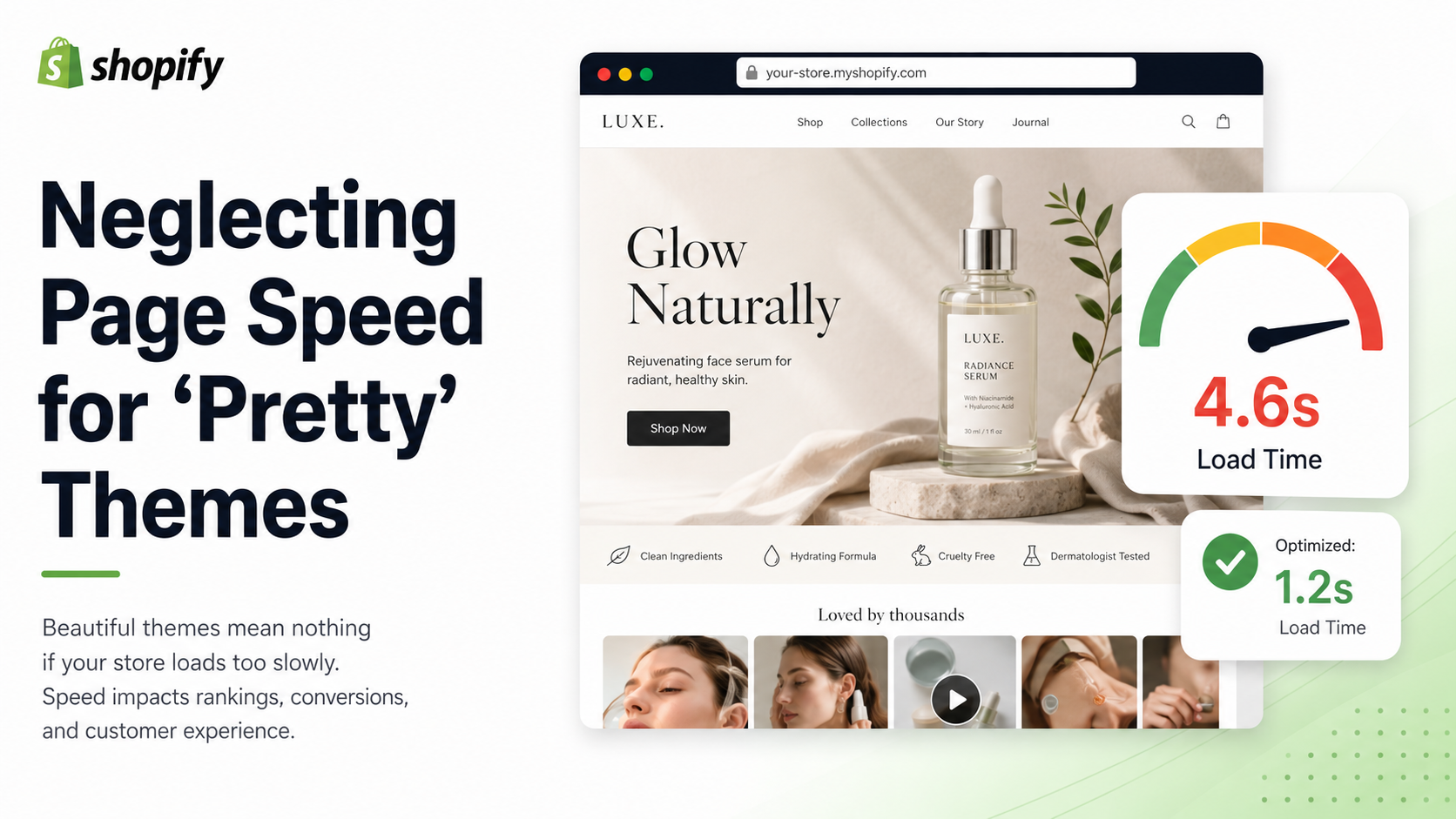 Shopify blog graphic titled "Ignoring Image SEO Completely" showing a Hyaluronic Glow Serum product page with a bad vs good comparison - unoptimized filename "IMG_4521.jpg" with no alt text versus optimized filename "hyaluronic-glow-serum.jpg" with descriptive alt text
