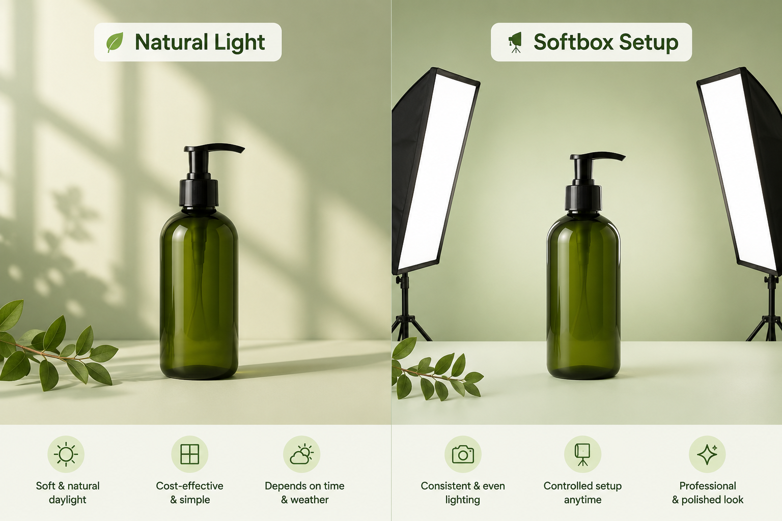 Side-by-side comparison of two product photography lighting setups for a green pump bottle: Natural Light (soft daylight, cost-effective, weather-dependent) versus Softbox Setup (consistent lighting, controlled, professional look).