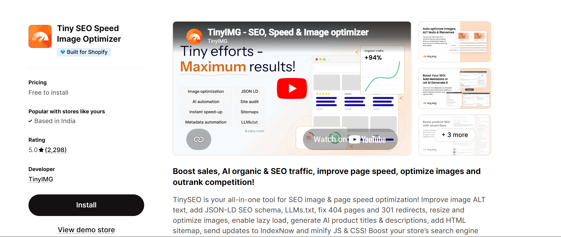 Tiny SEO Speed Image Optimizer Shopify app – AI-powered image optimization and alt text generator, free to install, by TinyIMG