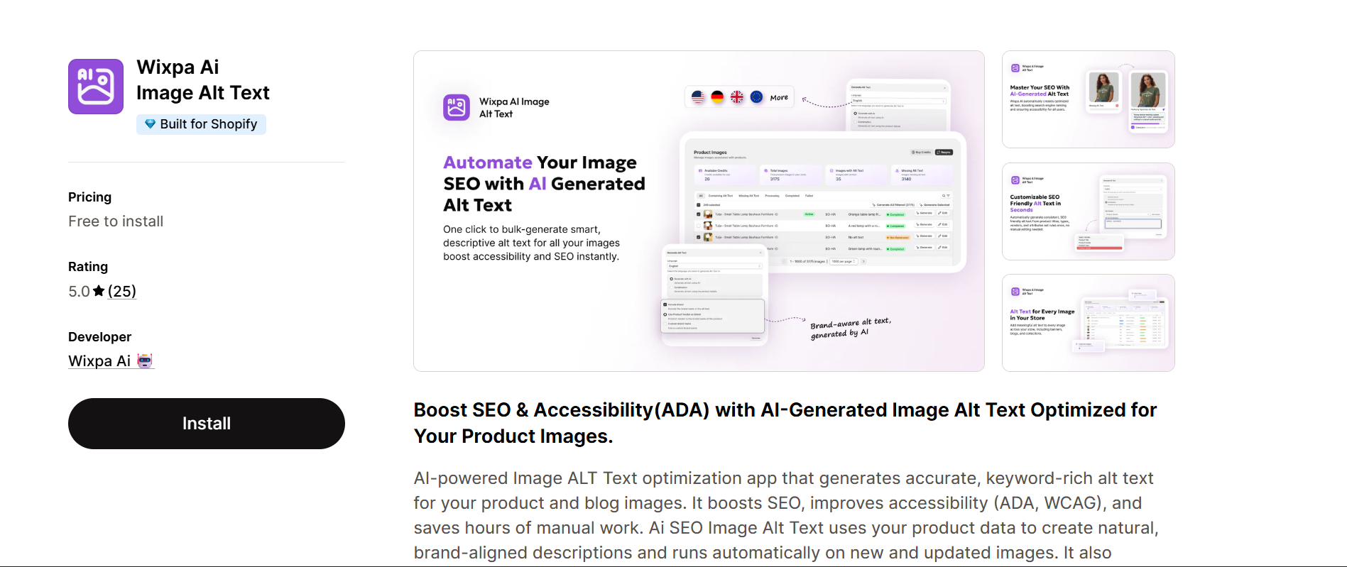 Wixpa AI Image Alt Text Shopify app – automate image SEO with AI-generated alt text for product and blog images, free to install