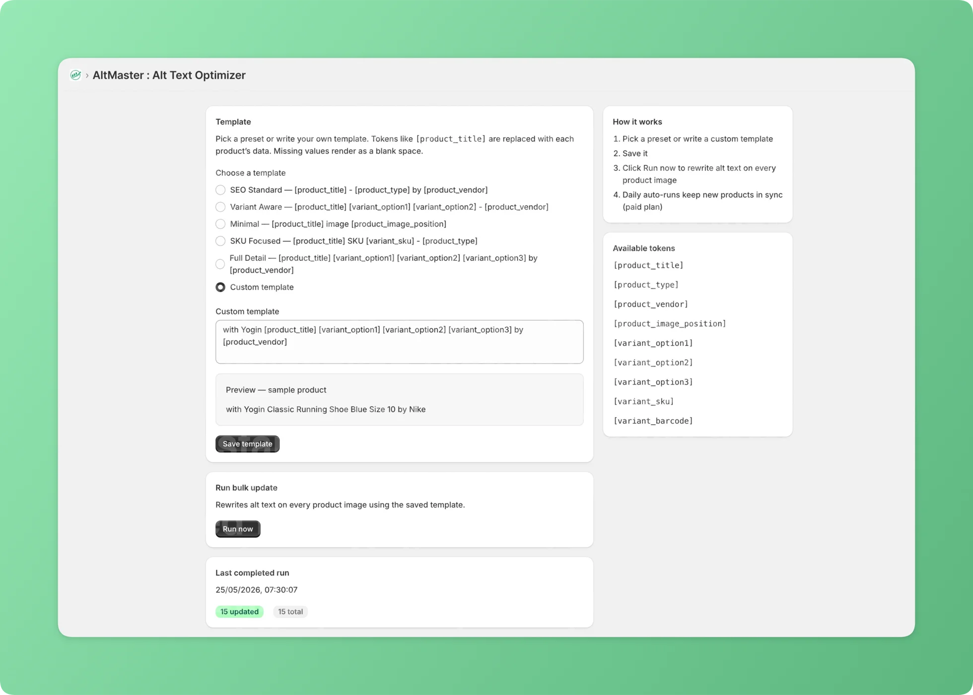 AltMaster app inside the Shopify admin
