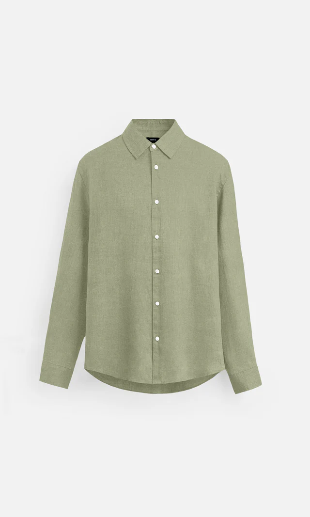 Man wearing an olive green long-sleeve linen shirt open over a black tee